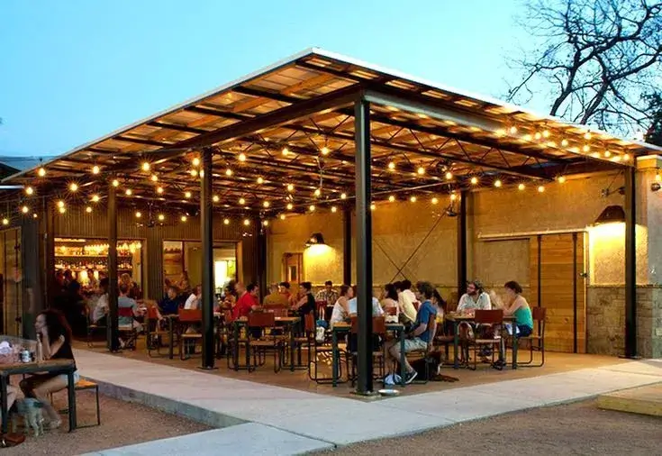 Outdoor seating area with ambient lighting
