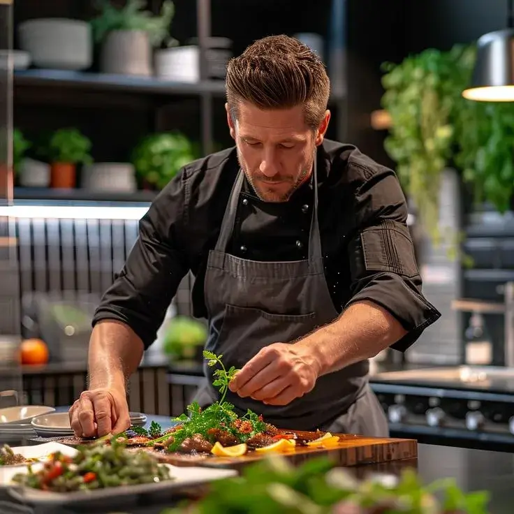 Chef plating a signature dish in the kitchen
